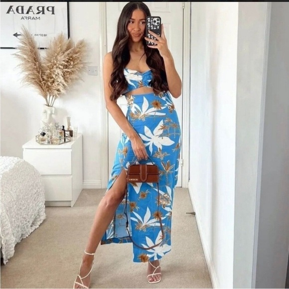 Zara Blogger Fav Cut Out Printed Linen Blend Maxi Dress Size L - Picture 1 of 10